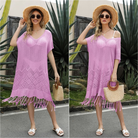 Fringe Hem Knit Beach Dress - Purple